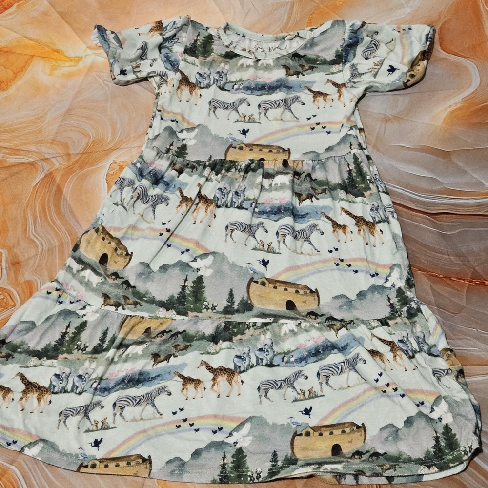 Tiny Revival Clothing Girls 5T Noah's Ark Animals Rainbow Tiered Dress